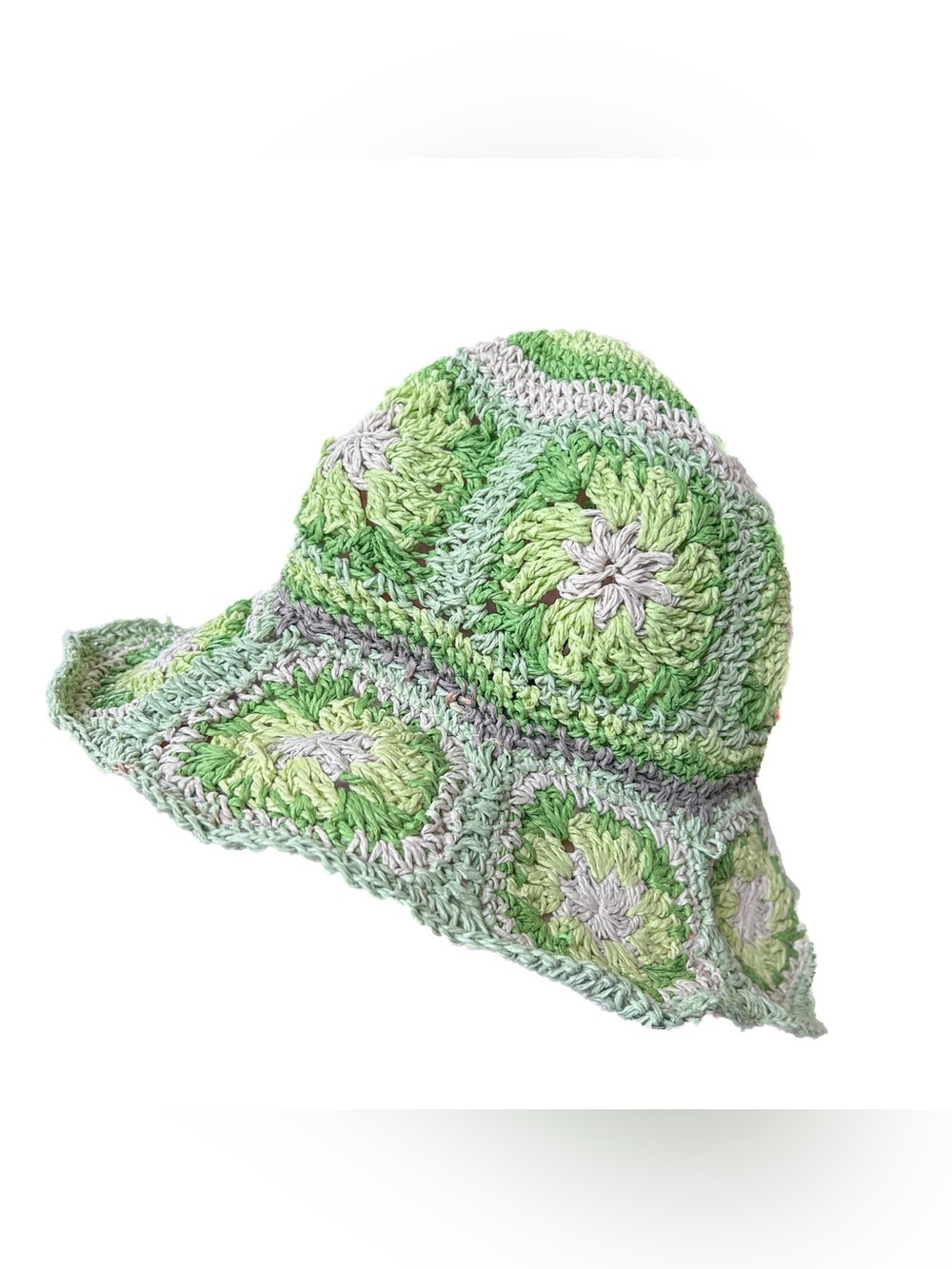 Steve Madden Boho Bucket Hat Granny Square Paper Yarn Festival Y2K Green White